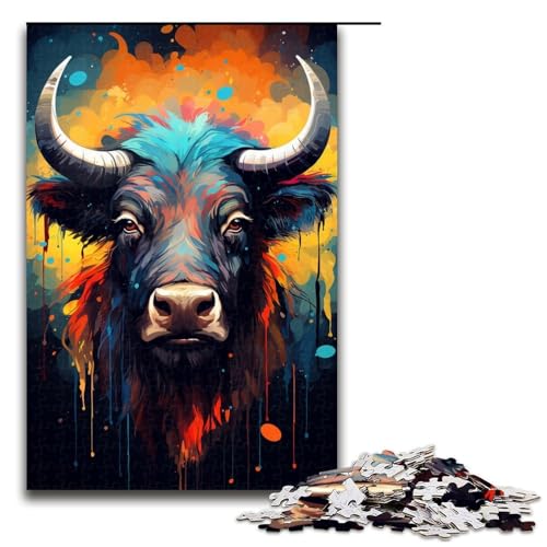 1000-teiliges farbenfrohes psychedelisches Büffel-Tuschegemälde-Puzzle für Kinder Holzpuzzle Heimkunst-Dekor 1000 Teile (75 x 50 cm) von mowenbingpeng