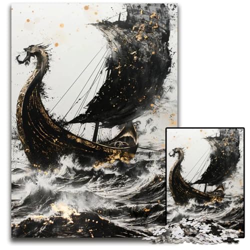 1000teiliges Puzzle „Black Viking Drakkar“ unmögliches Puzzle für Erwachsene Denkspiel interaktives Familienspiel geeignet für Kinder ab 14 Jahren 1000 Teile (75 x 50 cm) von mowenbingpeng