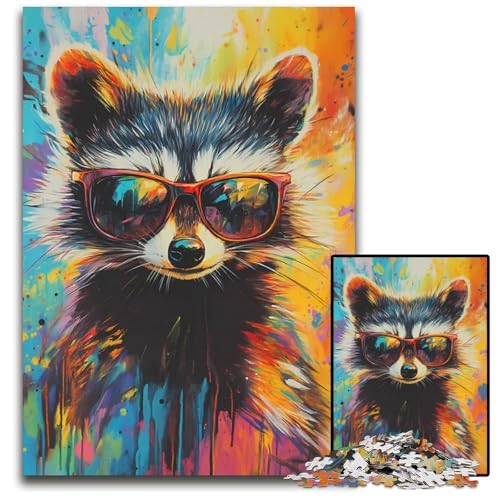 1000teiliges Puzzle für Erwachsene Cooler Waschbär mit Sonnenbrille Holzpuzzle für Erwachsene Heimdekoration Denkspiel für Teenager Familieninteraktion 1000 Teile (38 x 26 cm) von mowenbingpeng