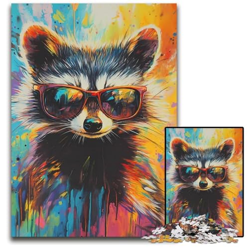 1000teiliges Puzzle für Erwachsene Cooler Waschbär mit Sonnenbrille Holzpuzzle perfekt als Halloween Weihnachts und Geburtstagsgeschenk 1000 Teile (75 x 50 cm) von mowenbingpeng