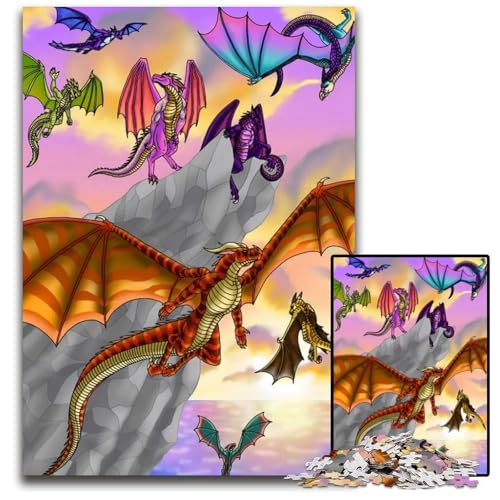1000teiliges Puzzle für Erwachsene Drachen fliegen bei Sonnenuntergang Puzzles für Erwachsene perfekt als Halloween Weihnachts und Geburtstagsgeschenk 1000 Teile (38 x 26 cm) von mowenbingpeng