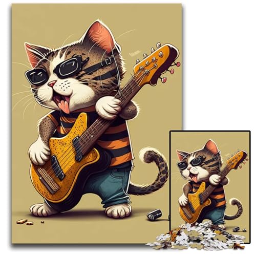 1000teiliges Puzzle für Erwachsene Katze spielt Gitarre Holzpuzzle perfekt als Halloween Weihnachts und Geburtstagsgeschenk 1000 PCS (75 x 50 cm) von mowenbingpeng