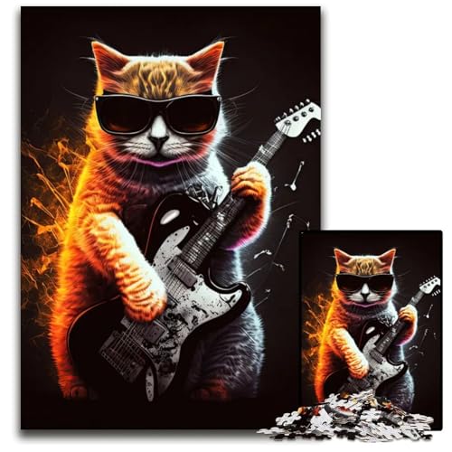 1000teiliges Puzzle für Erwachsene Katze spielt Gitarre Holzpuzzle perfekt als Halloween Weihnachts und Geburtstagsgeschenk 1000 Teile (38 x 26 cm) von mowenbingpeng