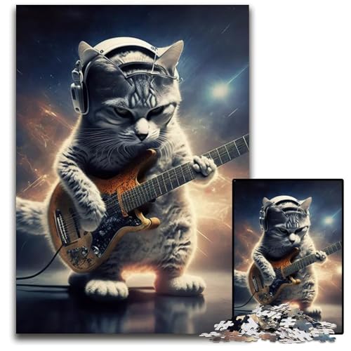 1000teiliges Puzzle für Erwachsene Katze spielt Gitarre Holzpuzzle perfekt als Halloween Weihnachts und Geburtstagsgeschenk 1000 Teile (38 x 26 cm) von mowenbingpeng