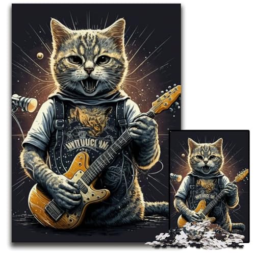 1000teiliges Puzzle für Erwachsene Katze spielt Gitarre Holzpuzzle perfekt als Halloween Weihnachts und Geburtstagsgeschenk 1000 Teile (38 x 26 cm) von mowenbingpeng