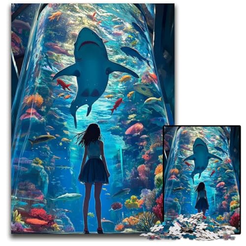 1000teiliges Puzzle für Erwachsene Mädchen starrt auf das Haifischbecken Holzpuzzle perfekt für Halloween Weihnachten Geburtstagsgeschenk 1000 PCS (75 x 50 cm) von mowenbingpeng