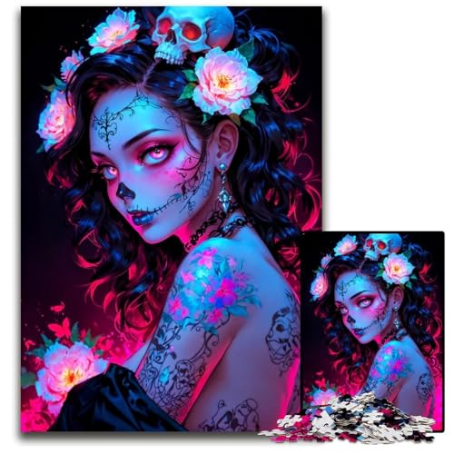 1000teiliges Puzzle für Erwachsene Totenkopffrau mit Tattoos Puzzles für Erwachsene perfekt für Halloween Weihnachten Geburtstagsgeschenk 1000 Teile (38 x 26 cm) von mowenbingpeng