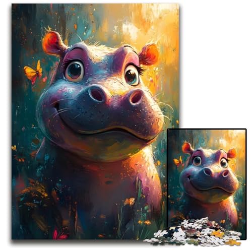 1000teiliges Puzzle für Erwachsene lächelndes Nilpferd mit Schmetterlingen Holzpuzzle perfekt als Halloween Weihnachts und Geburtstagsgeschenk 1000 PCS (38 x 26 cm) von mowenbingpeng