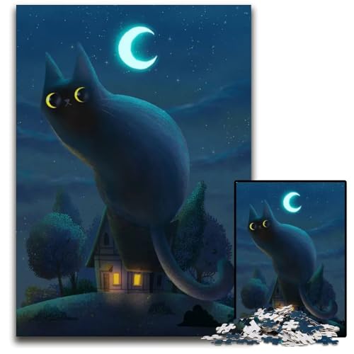 1000teiliges Puzzle für Erwachsene riesiges Puzzle mit Nachtkatze für Erwachsene Weihnachten Halloween Ostern Neujahr 1000 Teile (38 x 26 cm) von mowenbingpeng