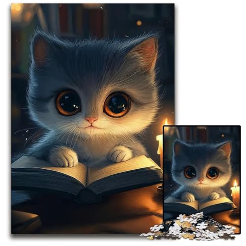1000teiliges Puzzle für Erwachsene süße Katze die bei Kerzenlicht liest Holzpuzzle perfekt für Halloween Weihnachten Geburtstagsgeschenk 1000 Teile (75 x 50 cm) von mowenbingpeng