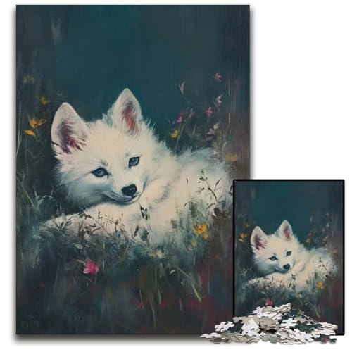 1000teiliges Puzzle für Erwachsene weißer Fuchs in Blumen Holzpuzzle perfekt für Halloween Weihnachten Geburtstagsgeschenk 1000 PCS (75 x 50 cm) von mowenbingpeng