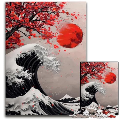 Abstraktes Ölgemälde der Großen Japanischen Welle Puzzle 1000 Teile Holzpuzzle für Erwachsene Denksportaufgabe für Jugendliche Familieninteraktion 1000 Teile (75 x 50 cm) von mowenbingpeng