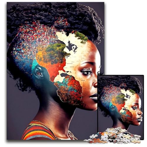 Afrikanische Frau 1000teiliges Puzzle Holzpuzzle für Erwachsene Familienspielabend Spaß DIY dekoratives Kunstwerk 1000 Teile (75 x 50 cm) von mowenbingpeng