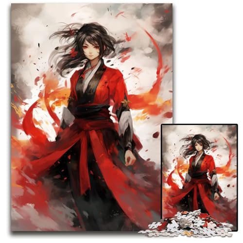 AnimeMädchen blutroter Ninjab 1000teiliges Puzzle Holzpuzzle für Erwachsene Familienspielabend Spaß DIY dekoratives Kunstwerk 1000 Teile (75 x 50 cm) von mowenbingpeng