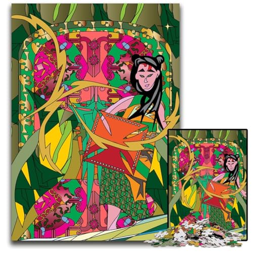 Asiatische Frau in geometrischer Kunst 1000teiliges Puzzle für Erwachsene Holzpuzzle anspruchsvolle Denksportaufgabe Familienaktivität Heimdekoration 1000 Teile (38 x 26 cm) von mowenbingpeng