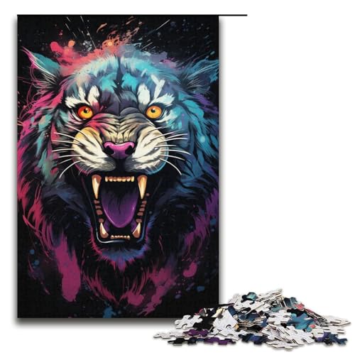Bunte psychedelische Illustration des bösen Tigers, Puzzles für Erwachsene, Weihnachtswunschliste mit Weihnachtsmann für Teenager ab 14 Jahren, 1000 Stück (38 x 26 cm) von mowenbingpeng