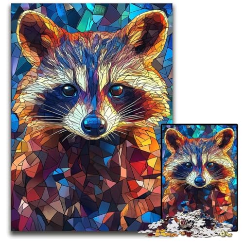 BuntglasWaschbär 1000teiliges Puzzle Holzpuzzle anspruchsvolles DIYDekorationsspiel interaktives Familienspielzeug 1000 Teile (75 x 50 cm) von mowenbingpeng
