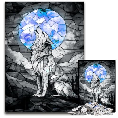 BuntglasWolfPuzzle 1000 Teile für Erwachsene Holzpuzzle Weihnachten Halloween Ostern Neujahr 1000 Teile (75 x 50 cm) von mowenbingpeng