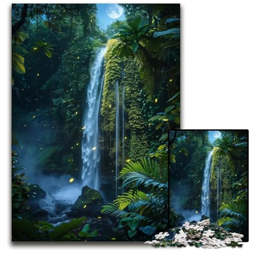 DschungelWasserfall bei Nacht Puzzle 1000 Teile für Erwachsene Holzpuzzle Weihnachten Halloween Ostern Neujahr 1000 Teile (75 x 50 cm) von mowenbingpeng