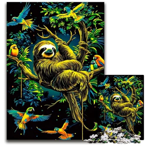 Faultier und Papageien im Dschungel 1000teiliges Puzzle Holzpuzzle für Erwachsene Familienspielabend Spaß DIY dekoratives Kunstwerk 1000 Teile (38 x 26 cm) von mowenbingpeng