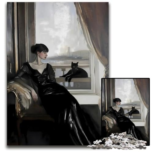 Frau im schwarzen Kleid am Fenster Puzzle 1000 Teile für Erwachsene anspruchsvolles Denkspiel entspannendes Spielzeug für Teenager 1000 Teile (38 x 26 cm) von mowenbingpeng