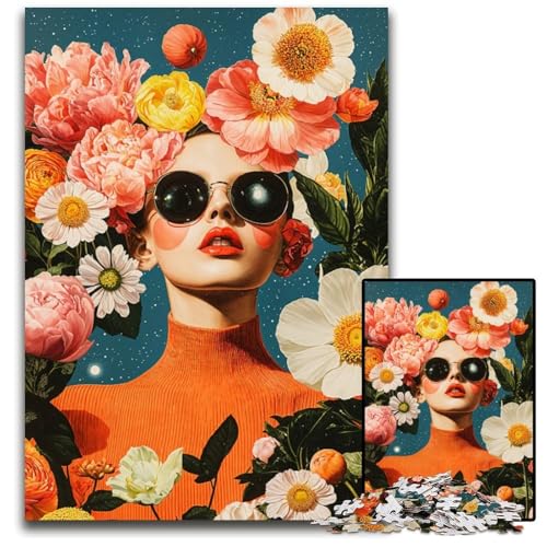 Frau in Blumen und Sternen 1000teiliges Puzzle Holzpuzzle für Erwachsene Geburtstagsgeschenkidee anspruchsvolles Denkspiel 1000 Teile (38 x 26 cm) von mowenbingpeng