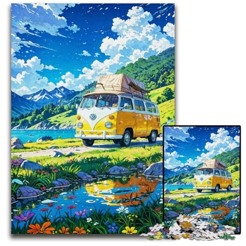 Gelber Lieferwagen am See 1000teiliges Holzpuzzle für Erwachsene Teenager und Familien perfekte DIYDekoration und knifflige Herausforderung 1000 Teile (75 x 50 cm) von mowenbingpeng