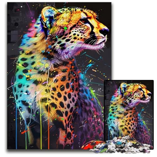 GepardenPopartGemälde Puzzle 1000 Teile für Erwachsene Holzpuzzle Familienspielabend Spaß DIY dekoratives Kunstwerk 1000 Teile (75 x 50 cm) von mowenbingpeng
