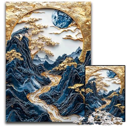 Gold und BlauBerglandschaft 1000teiliges Puzzle Puzzle für Erwachsene GehirnHerausforderung Teenager Heimdekoration 1000 PCS (38 x 26 cm) von mowenbingpeng