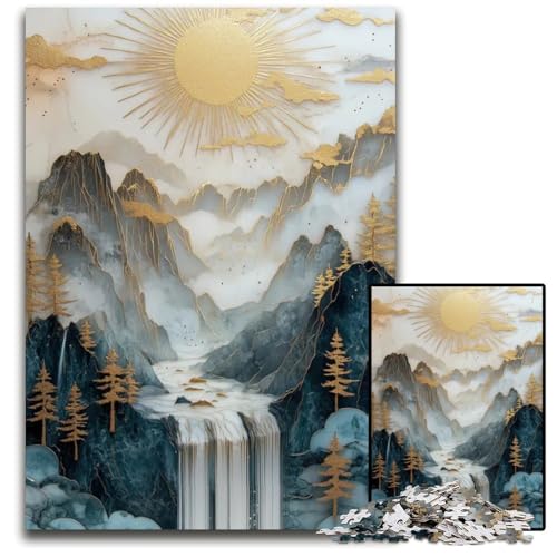 Goldene Kaskade über blaugrünen Bergen und Marmorgipfeln 1000teiliges Puzzle aus Holz anspruchsvolles DIYDekorationsspiel interaktives Familienspielzeug 1000 Teile (38 x 26 cm) von mowenbingpeng