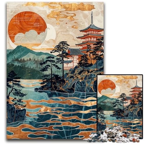 Goldener See mit TempelPuzzle 1000 Teile für Erwachsene Holzpuzzle Familienspielabend Spaß DIY dekoratives Kunstwerk 1000 Teile (75 x 50 cm) von mowenbingpeng