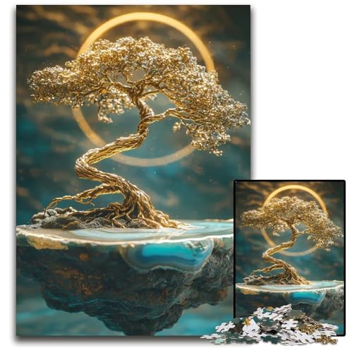 Goldenes BonsaiBaumPuzzle 1000 Teile für Erwachsene Holzpuzzle Familienspielabend Spaß DIY dekoratives Kunstwerk 1000 Teile (75 x 50 cm) von mowenbingpeng