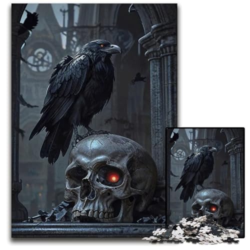 Gothic Skull and Raven14b Puzzle 1000 Teile für Erwachsene Unmögliches Puzzle für Erwachsene Heimdekoration Denkspiel für Teenager Familieninteraktion 1000 PCS (75 x 50 cm) von mowenbingpeng