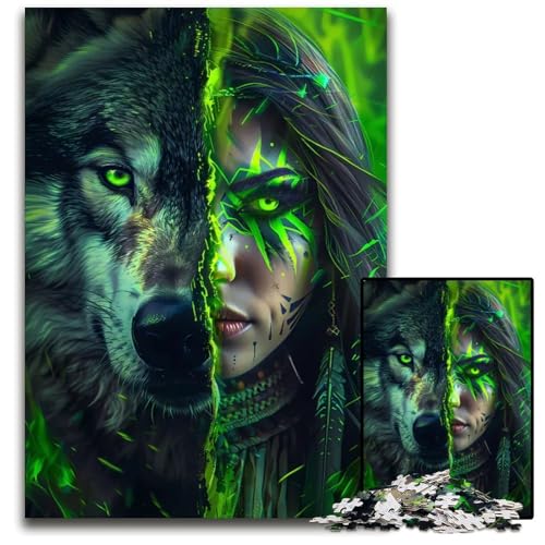 Grünes Puzzle mit indianischem Wolf 1000 Teile für Erwachsene Unmögliches Puzzle für Erwachsene Heimdekoration Denkspiel für Teenager Familieninteraktion 1000 Teile (75 x 50 cm) von mowenbingpeng