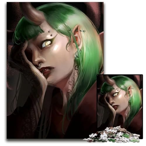 Grünhaariges DämonenmädchenPuzzle für Erwachsene 1000 Teile unmögliche Puzzles für Erwachsene Weihnachten Halloween Ostern Neujahr 1000 Teile (75 x 50 cm) von mowenbingpeng