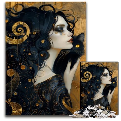 Hexe und skurrile Katze 1000teiliges Puzzle Holzpuzzle für Erwachsene Geburtstagsgeschenkidee anspruchsvolles Denkspiel 1000 Teile (75 x 50 cm) von mowenbingpeng