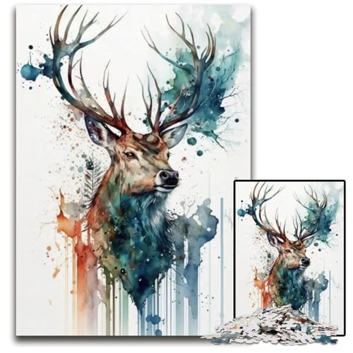 HirschAquarellPuzzle 1000 Teile für Erwachsene Holzpuzzle Familienspielabend Spaß DIY dekoratives Kunstwerk 1000 Teile (75 x 50 cm) von mowenbingpeng