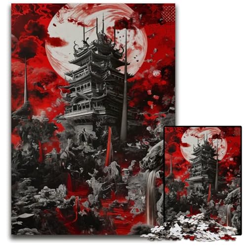 Japanisches schwarzrotes Puzzle mit 1000 Teilen für Erwachsene Holzpuzzle Weihnachten Halloween Ostern Neujahr 1000 Teile (75 x 50 cm) von mowenbingpeng
