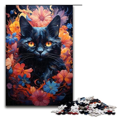 Jigsaw Puzzle 1000 Teile für Erwachsene und Kinder farbenfrohes psychedelisches schwarzes Katzen-Puzzle für Erwachsene Holzpuzzle 1000 Teile (75 x 50 cm) von mowenbingpeng