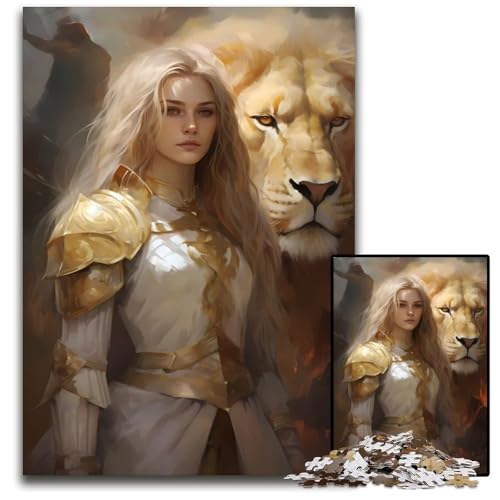 Kriegerprinzessin mit LöwenPuzzle 1000 Teile für Erwachsene Holzpuzzle Weihnachten Halloween Ostern Neujahr 1000 Teile (75 x 50 cm) von mowenbingpeng