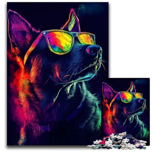 Neon Cool Dog 1000teiliges Puzzle für Erwachsene Holzpuzzle anspruchsvolle Denksportaufgabe Familienaktivität Heimdekoration 1000 Teile (75 x 50 cm) von mowenbingpeng