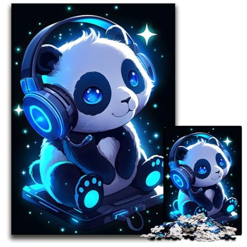 PandaPuzzle mit blauen Kopfhörern 1000 Teile für Erwachsene Papierpuzzle Weihnachten Halloween Ostern Neujahr 1000 Teile (38 x 26 cm) von mowenbingpeng