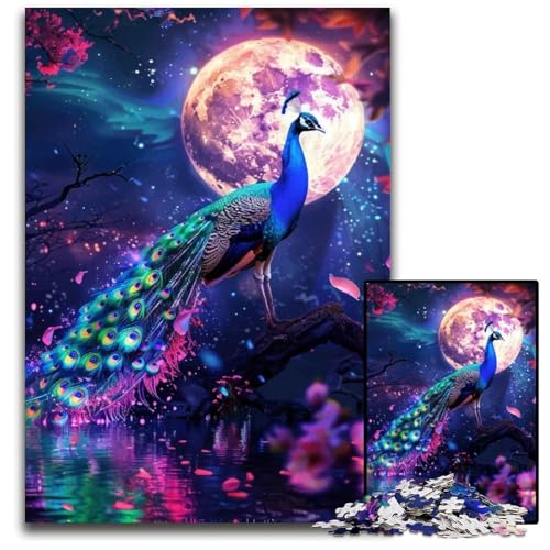 Pfau unter Vollmond Puzzle 1000 Teile für Erwachsene Unmögliches Puzzle für Erwachsene Heimdekoration Denkspiel für Teenager Familieninteraktion 1000 Teile (75 x 50 cm) von mowenbingpeng