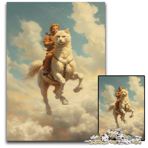 Pferd und Katze im Himmel Puzzle für Erwachsene 1000 Teile Holzpuzzle Spaß für den Familienspielabend DIY dekoratives Kunstwerk 1000 Teile (75 x 50 cm) von mowenbingpeng