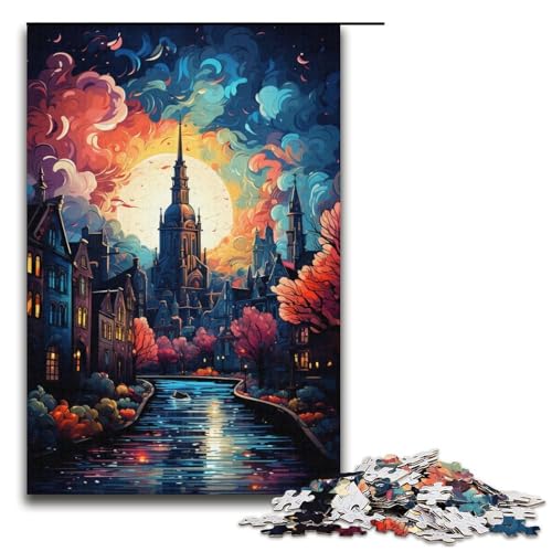 Puzzle „Bunte psychedelische Kunst in Amsterdam“ 1000 Teile Holzpuzzle für Erwachsene und Kinder ab 12 Jahren Familienspaß-Puzzle 1000 Teile (38 x 26 cm) von mowenbingpeng