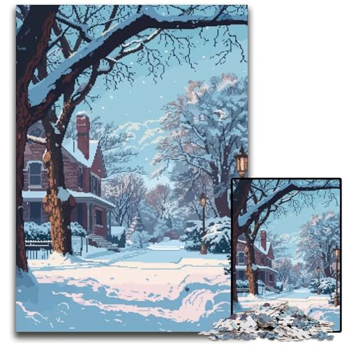 Puzzle 1000 Teile Winterstadt gemütliche Pixelkunst Holzpuzzle Denksportaufgabe Geschenk pädagogische Aktivität für Teenager 1000 Teile (75 x 50 cm) von mowenbingpeng