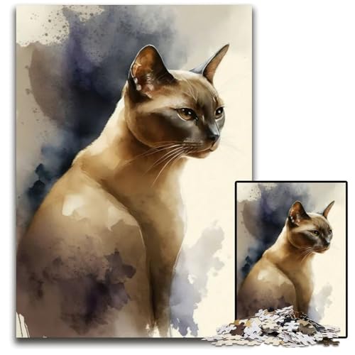 Puzzle 1000 Teile für Erwachsene BurmaKatze Aquarell anspruchsvolle Puzzles für Heimdekoration Gehirntraining 1000 PCS (75 x 50 cm) von mowenbingpeng