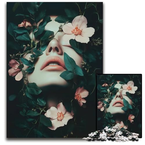 Puzzle 1000 Teile für Erwachsene Frau mit Blumen anspruchsvolle Puzzles Familienaktivität Denksportaufgabe Heimdekoration 1000 Teile (38 x 26 cm) von mowenbingpeng