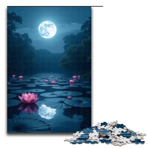 Puzzle 1000 Teile für Erwachsene Mondlicht über dem Lotusteich Puzzle praktisches Spiel einzigartige Heimdekoration und Geschenke 1000 Teile (75 x 50 cm) von mowenbingpeng