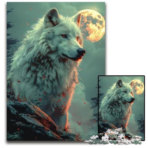 Puzzle 1000 Teile für Erwachsene Weißer Wolf bei Vollmond anspruchsvolle Puzzles Familienaktivität Denksportaufgabe Heimdekoration 1000 PCS (75 x 50 cm) von mowenbingpeng